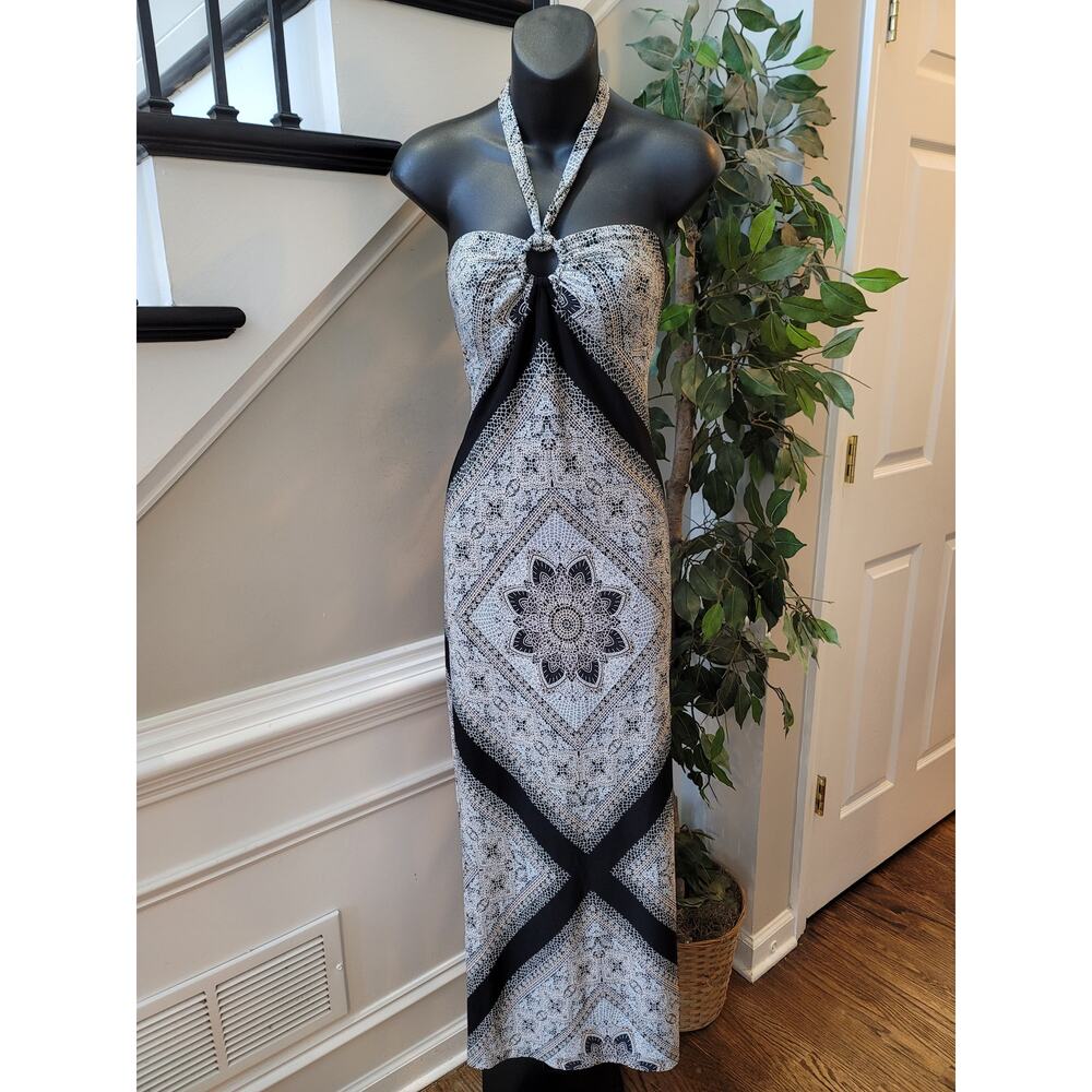 Valerie Bertinelli Maxi Dress Womens 6 Multi Geometric Circular Ring Halter Neck